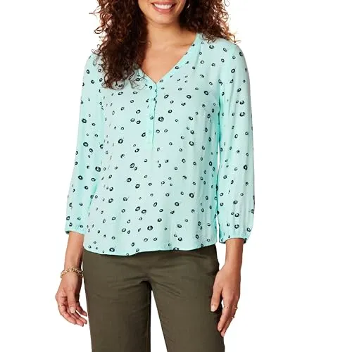 Amazon Essentials Women's 3/4 Sleeve Button Popover Shirt, Aqua Blue Poppy, X-Small