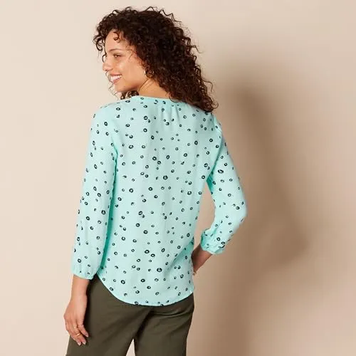 Amazon Essentials Women's 3/4 Sleeve Button Popover Shirt, Aqua Blue Poppy, X-Small