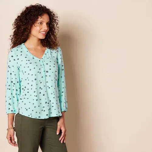 Amazon Essentials Women's 3/4 Sleeve Button Popover Shirt, Aqua Blue Poppy, X-Small