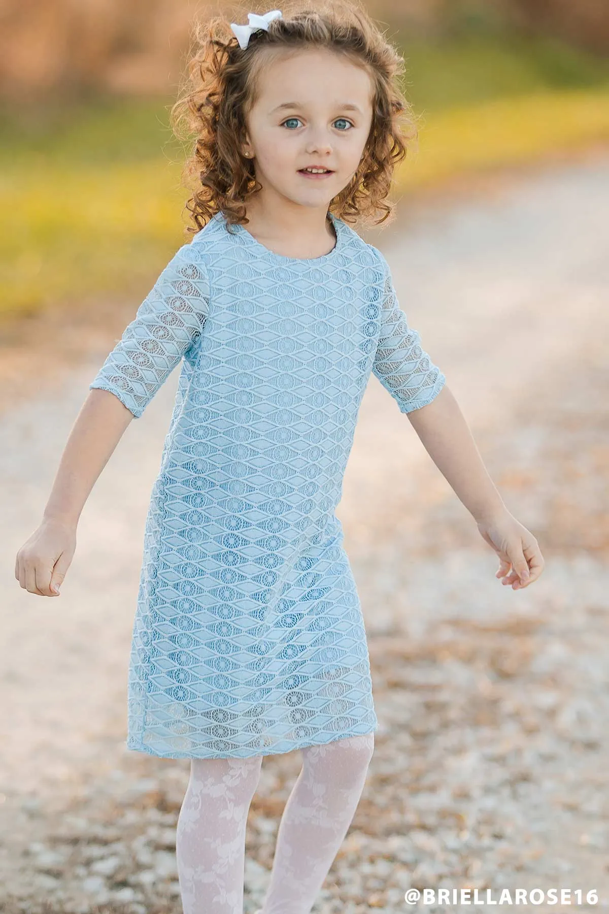 Baby Blue Stretchy Lace Cute Sleeved Summer Party Shift Dress - Girls