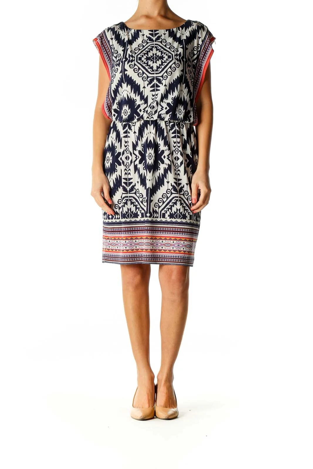 Beige Printed Day Shift Dress