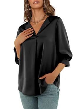 Beluring Summer Shirts for Women Satin Causal Work Office Elegant Vneck Blouses Top (White, L)