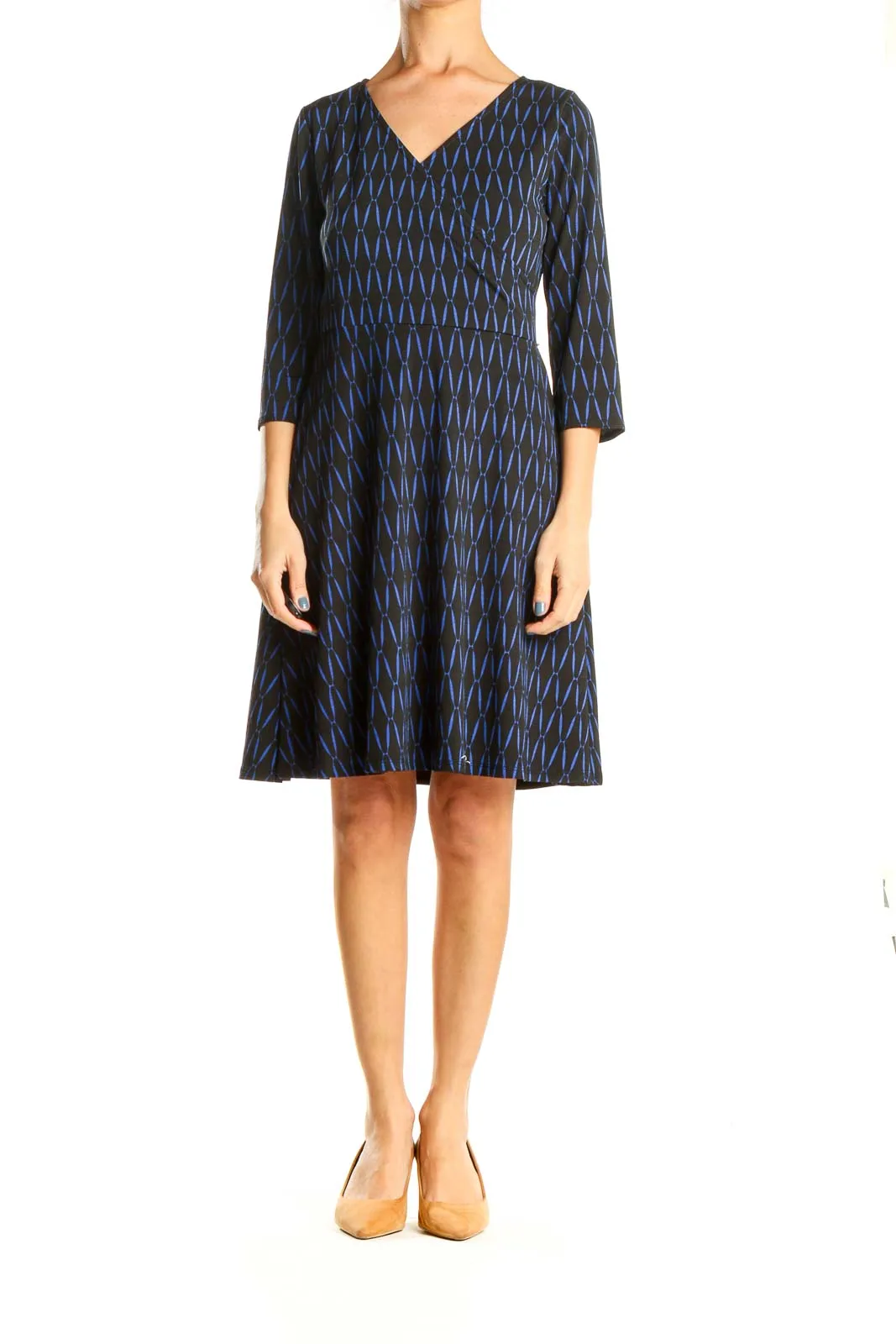 Black Blue Printed Chic Fit & Flare Dress