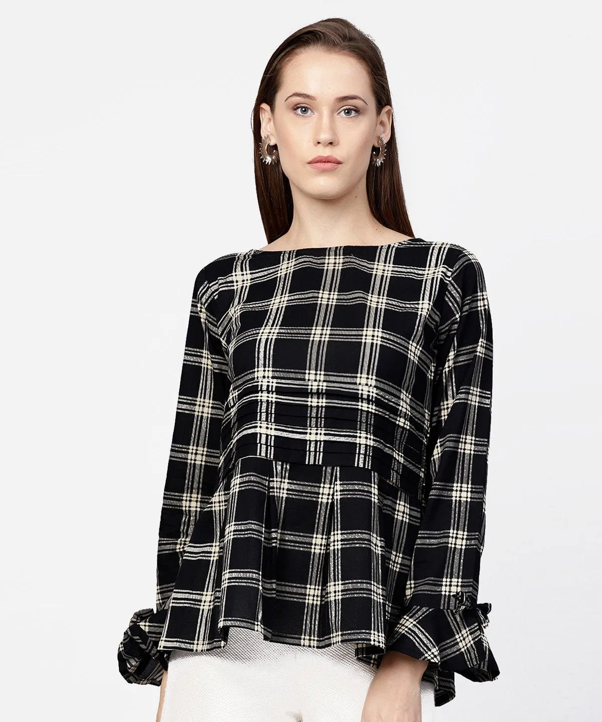 Black check peplum style tops with flared sleeve