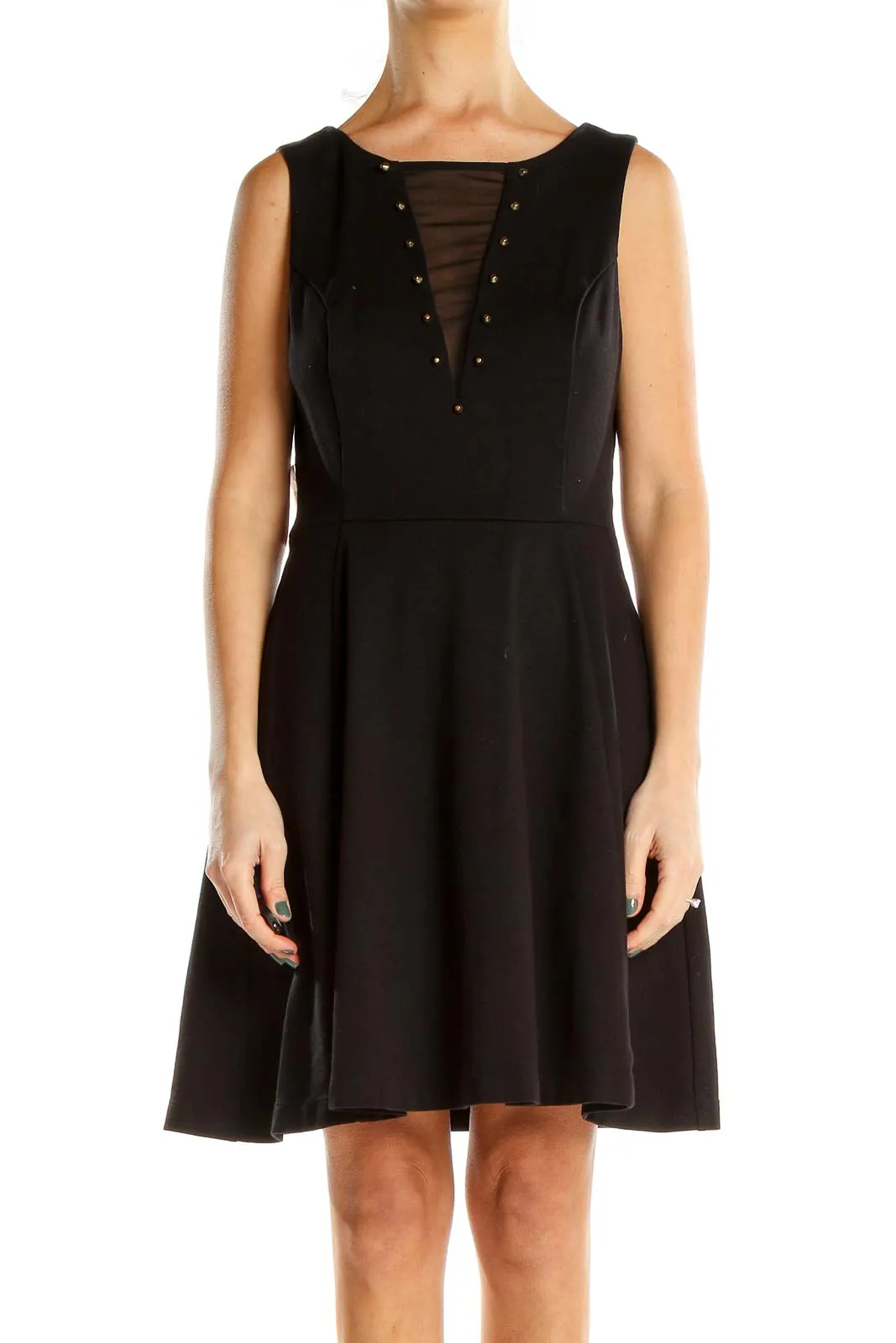 Black Mesh Panel Studded Fit & Flare Dress