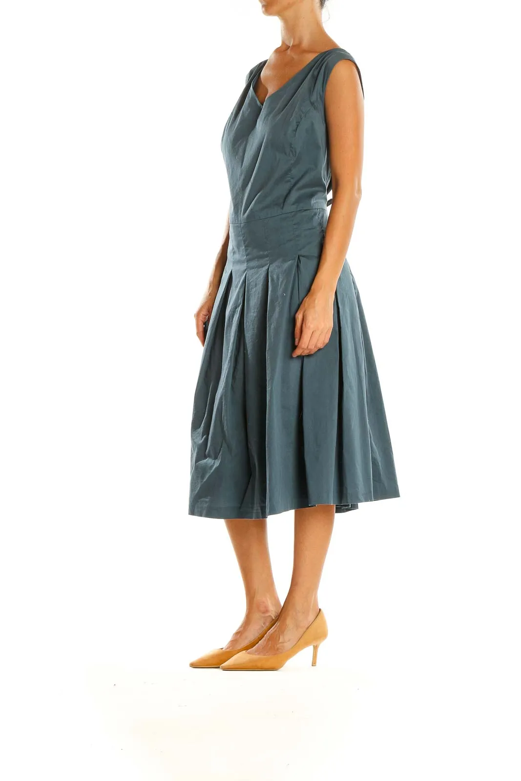 Blue Classic Pleated Fit & Flare Dress