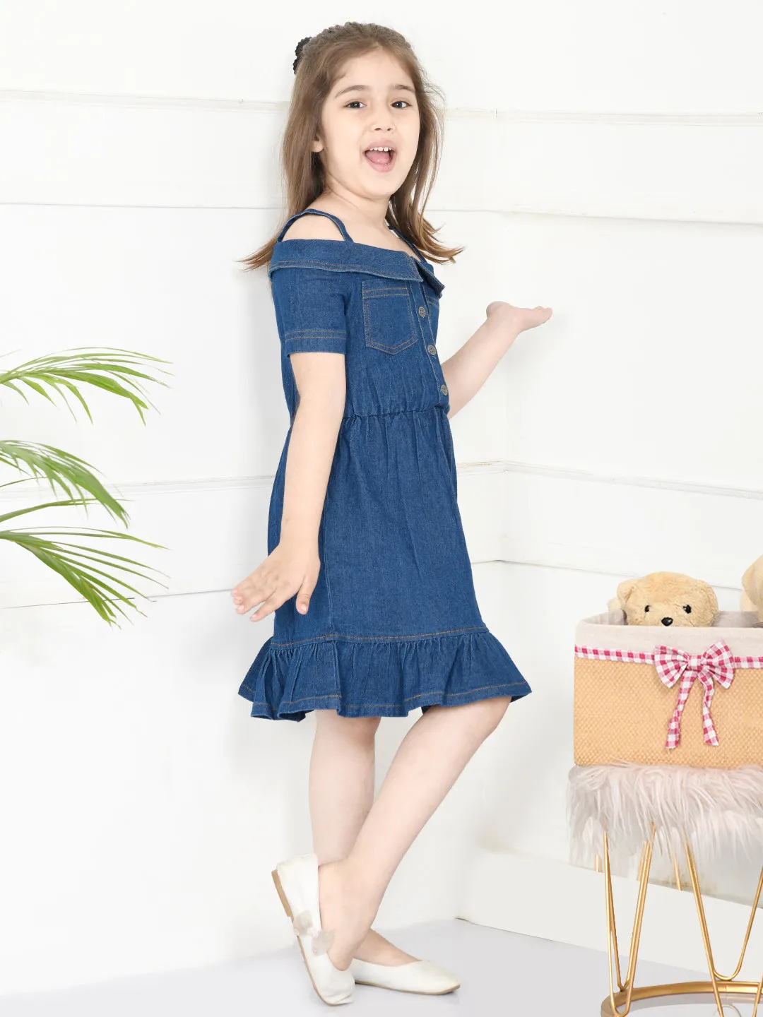 Blue Denim Boat Neck Fit And Flare Dress