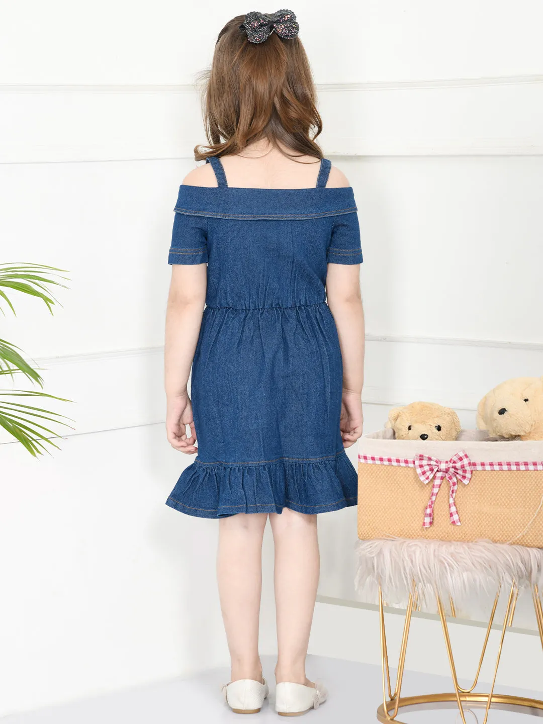 Blue Denim Boat Neck Fit And Flare Dress