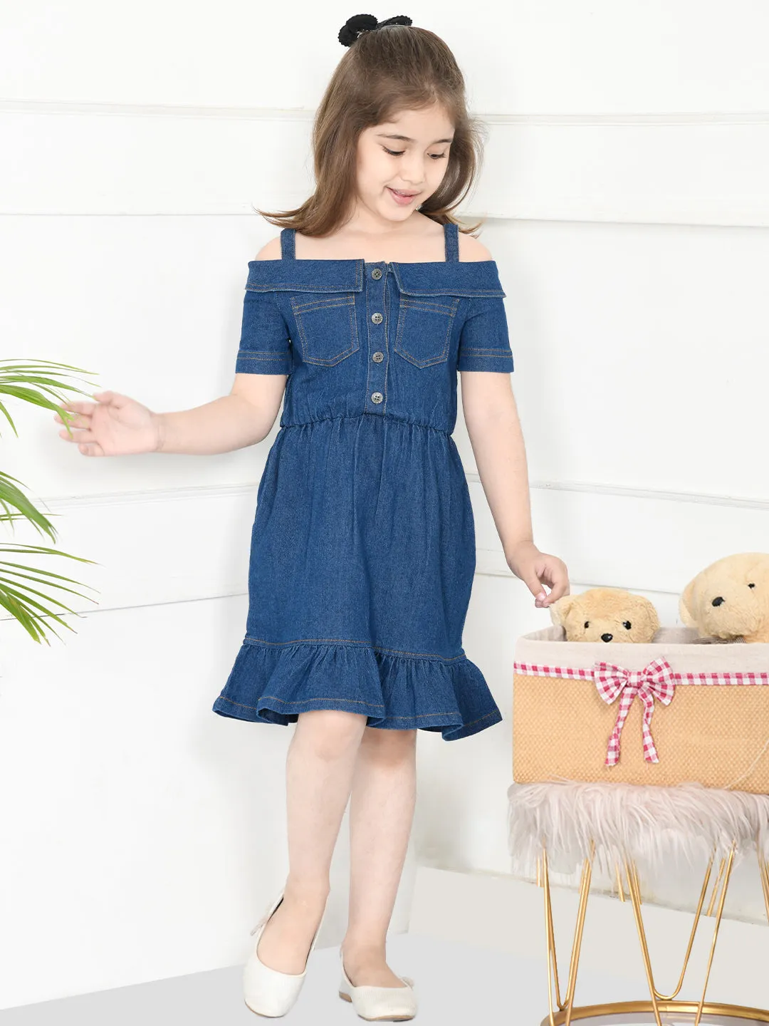 Blue Denim Boat Neck Fit And Flare Dress