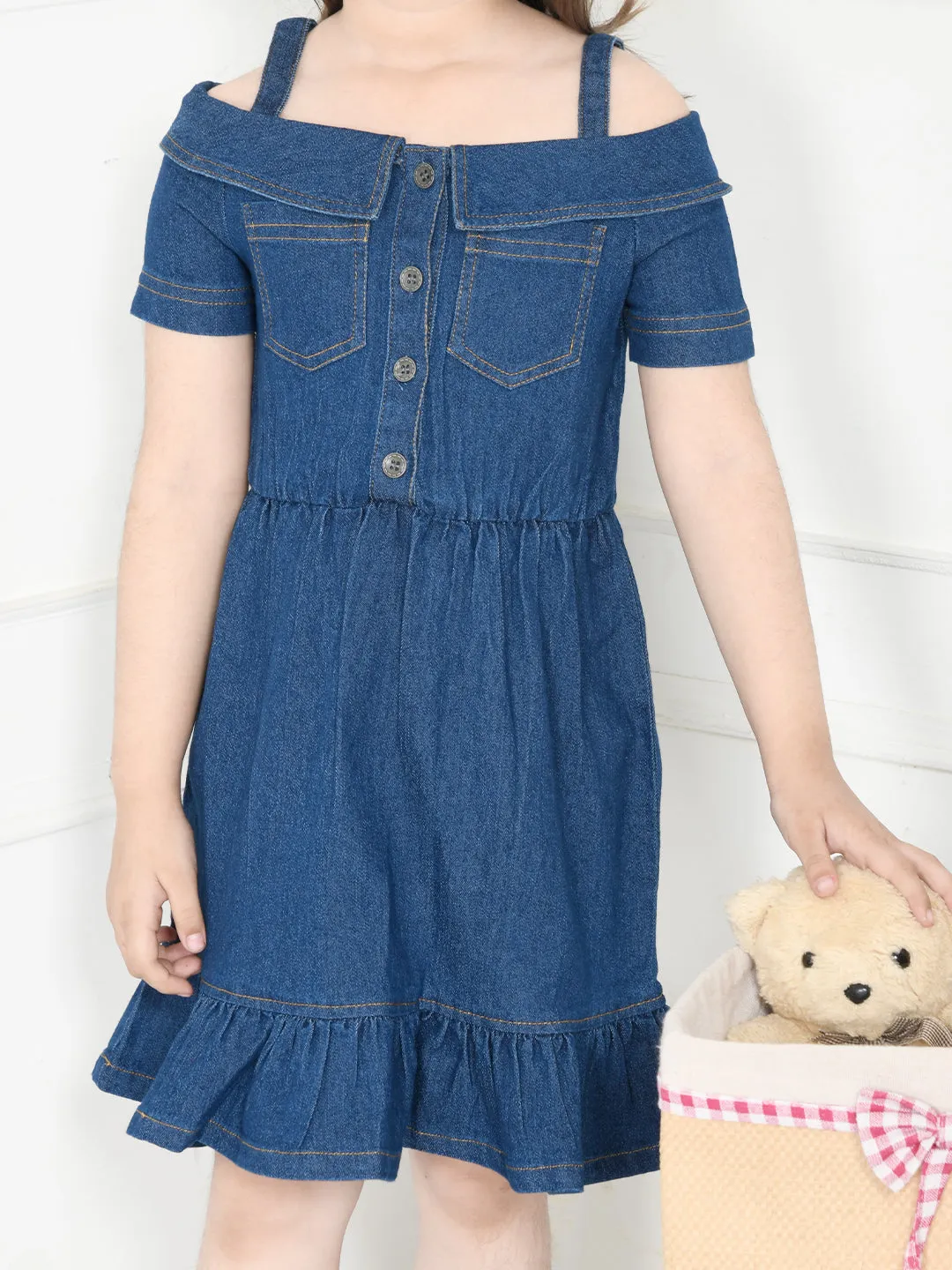 Blue Denim Boat Neck Fit And Flare Dress