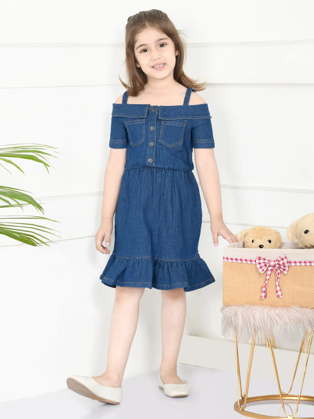 Blue Denim Boat Neck Fit And Flare Dress