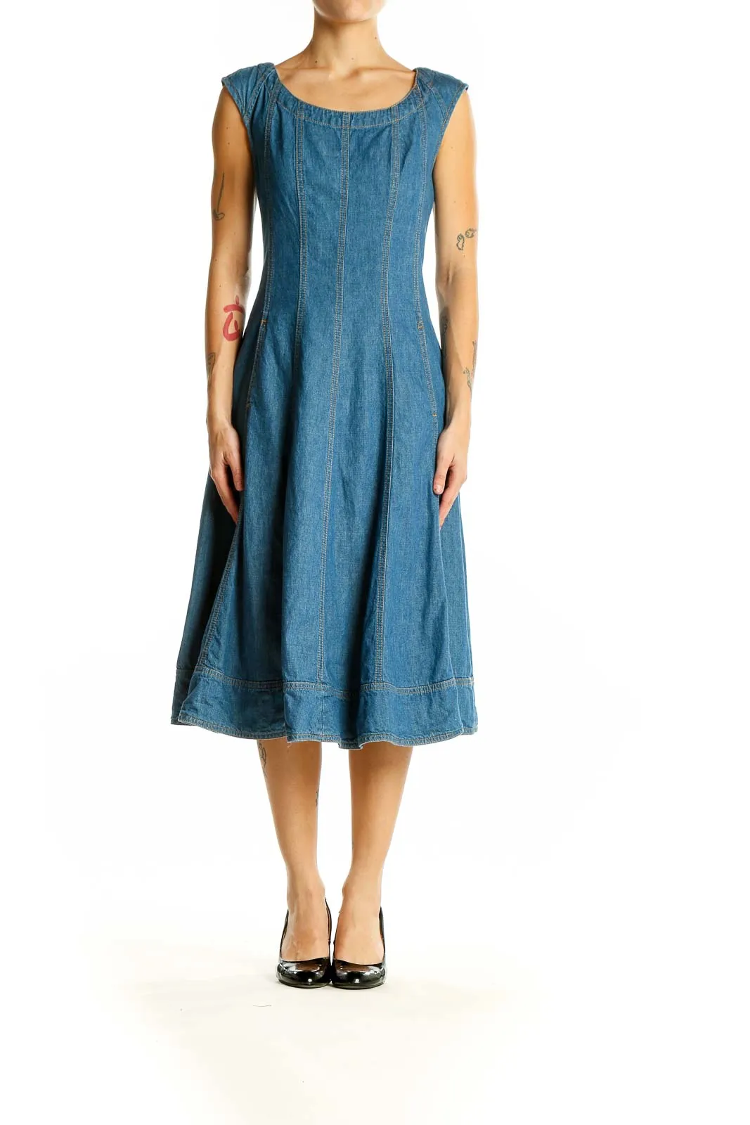 Blue Denim Fit-and-Flare Midi Dress