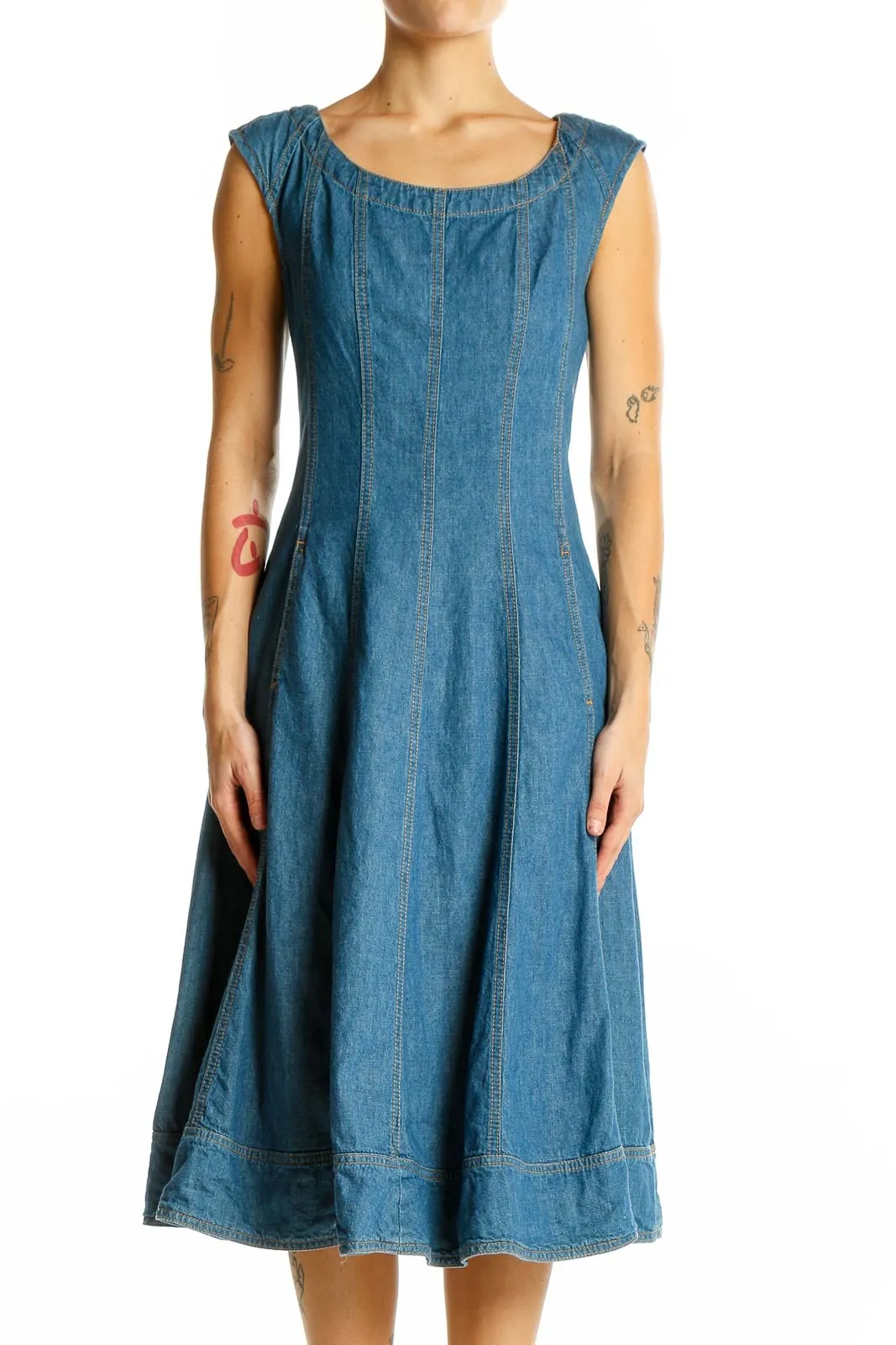 Blue Denim Fit-and-Flare Midi Dress