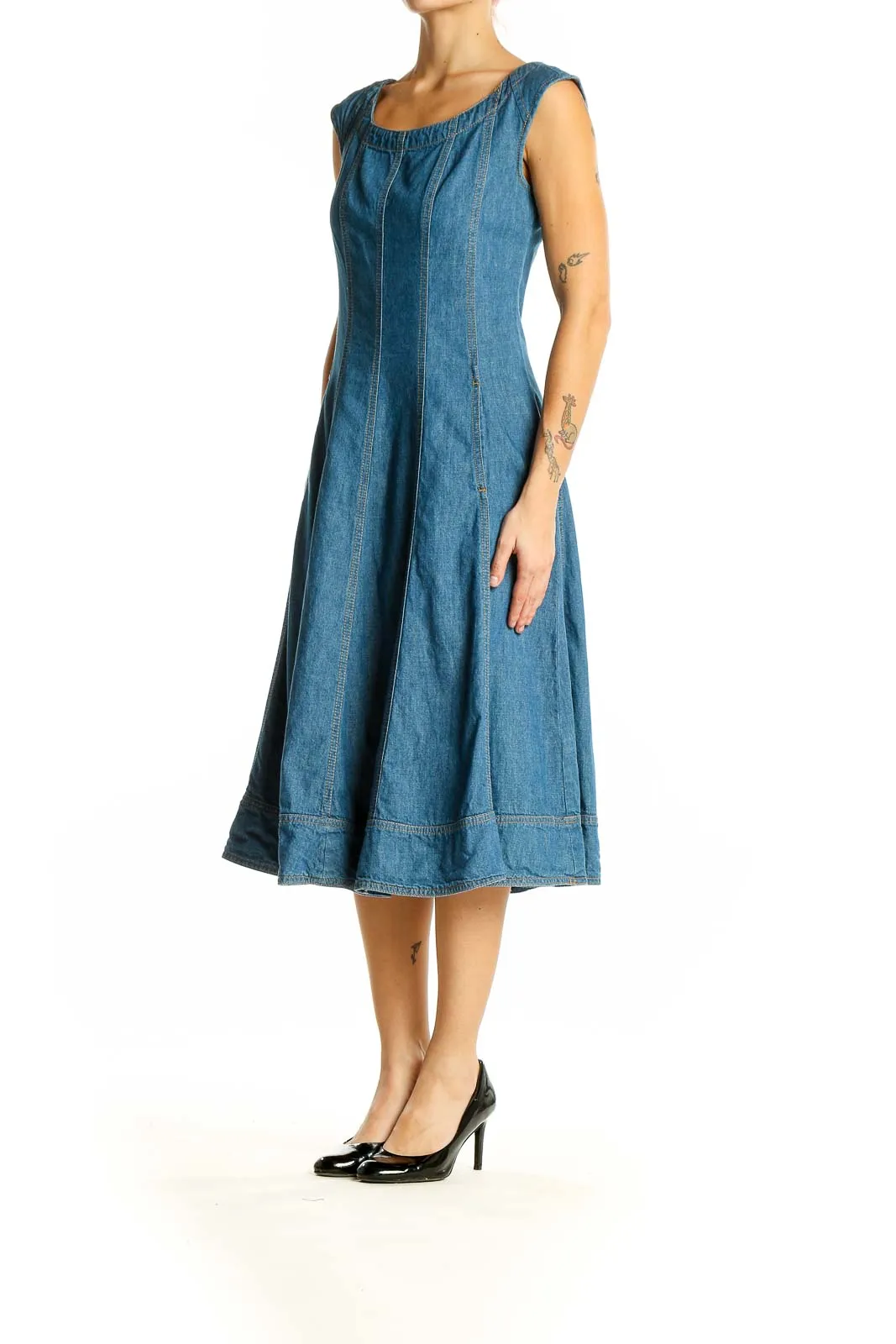 Blue Denim Fit-and-Flare Midi Dress