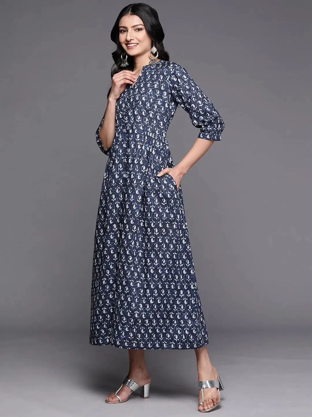 Blue Printed Cotton Fit and Flare Dress