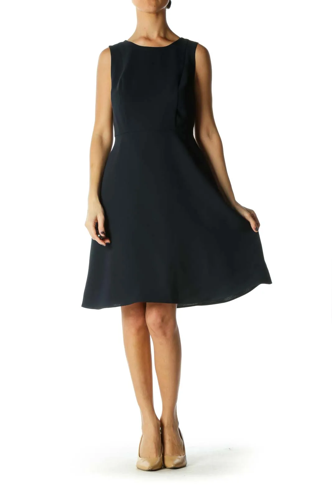 Blue Solid Crewneck Fit Flare Dress