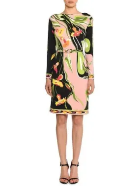 Boat-Neck Long-Sleeve Water Lily Print Shift Dress