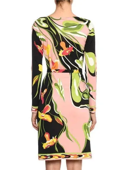 Boat-Neck Long-Sleeve Water Lily Print Shift Dress