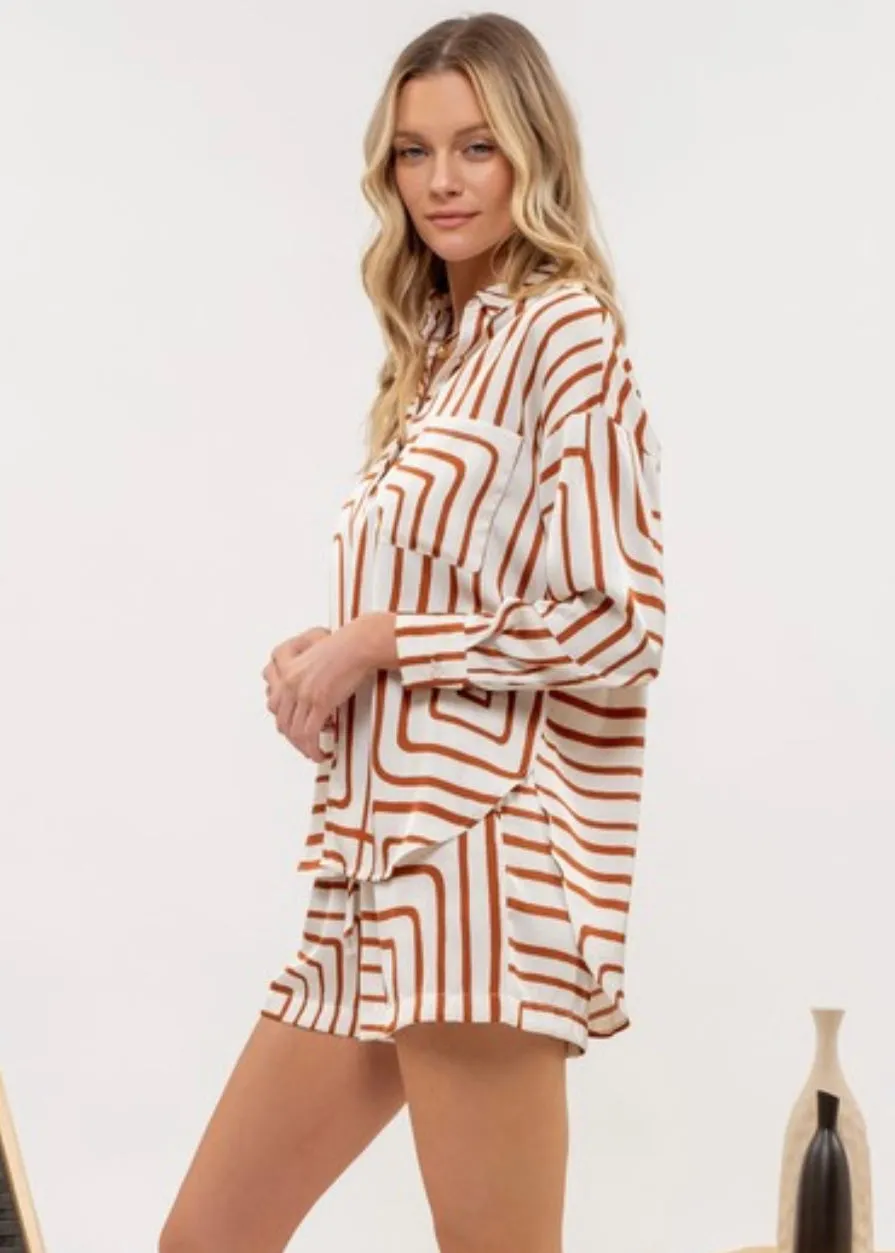 Brown Geo Print Button Down