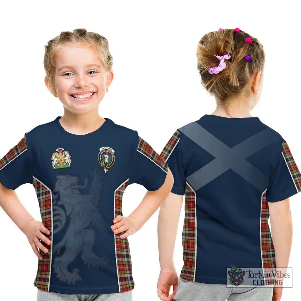 Buchanan Old Dress Tartan Kid T-Shirt with Family Crest and Lion Rampant Vibes Sport Style