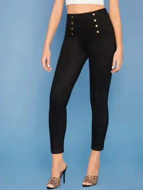 Button Detail Faux Suede Skinny Pants