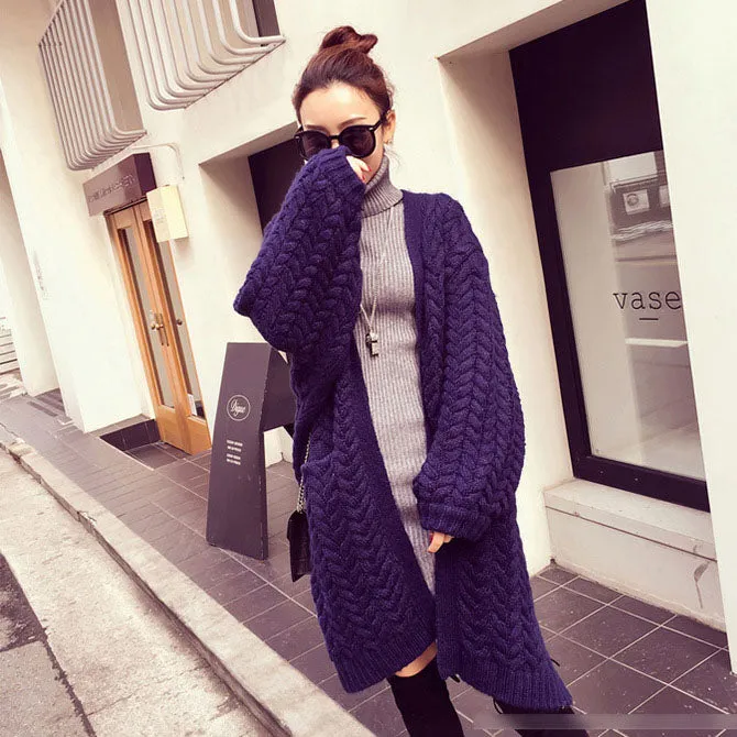 Cable Knitwear Pockets Long Loose Cardigan