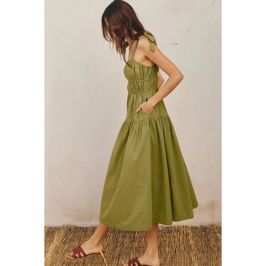 Cotton Shirred Fit And Flare Midi Dress Ibiza Green