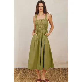 Cotton Shirred Fit And Flare Midi Dress Ibiza Green