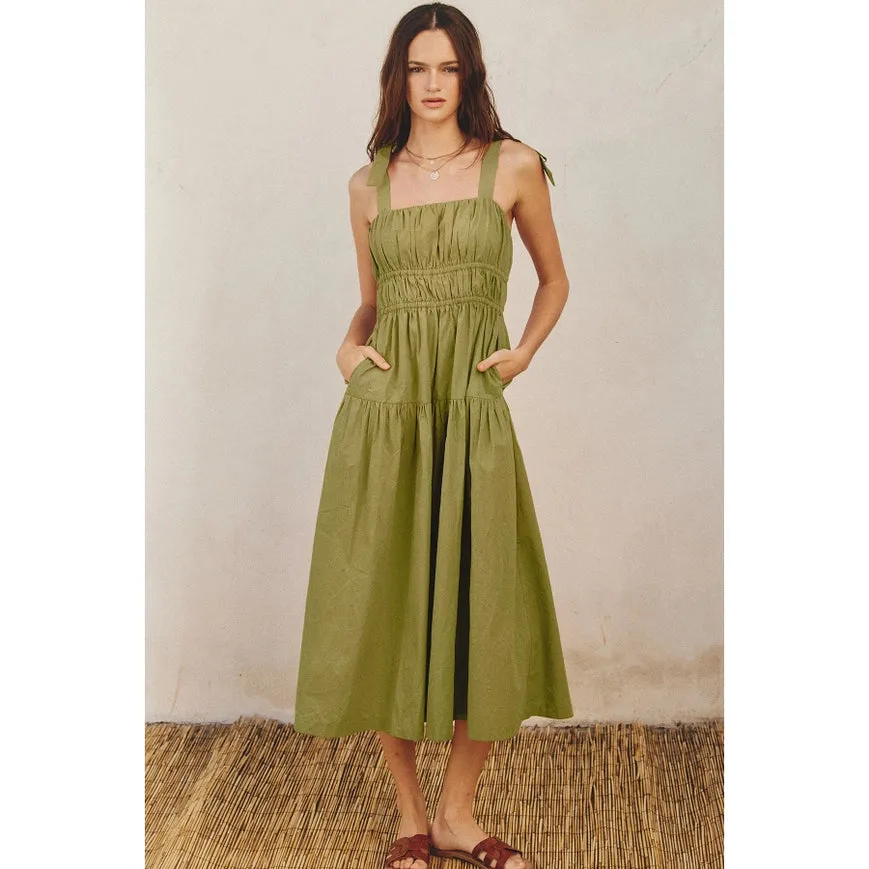 Cotton Shirred Fit And Flare Midi Dress Ibiza Green