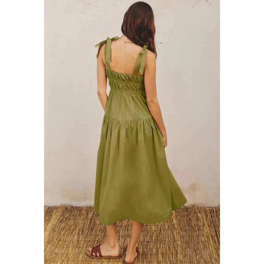 Cotton Shirred Fit And Flare Midi Dress Ibiza Green