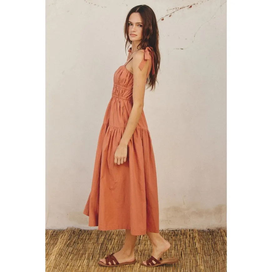 Cotton Shirred Fit And Flare Midi Dress Terra Cotta