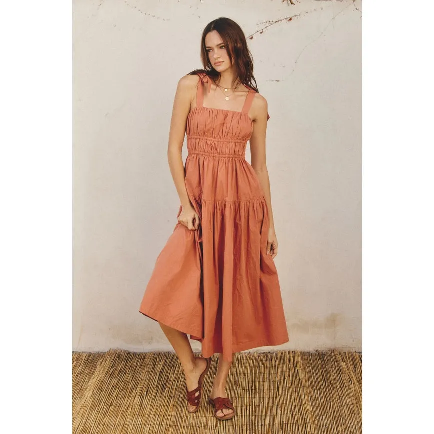 Cotton Shirred Fit And Flare Midi Dress Terra Cotta