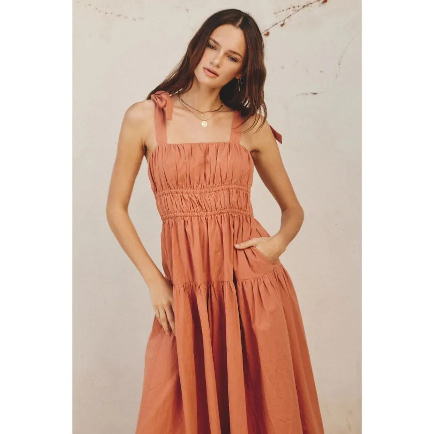 Cotton Shirred Fit And Flare Midi Dress Terra Cotta