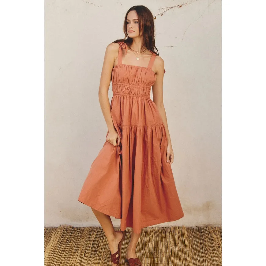 Cotton Shirred Fit And Flare Midi Dress Terra Cotta