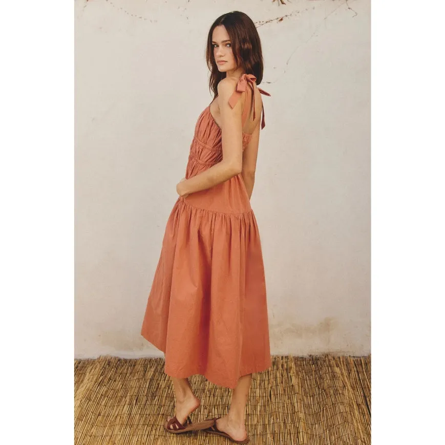 Cotton Shirred Fit And Flare Midi Dress Terra Cotta