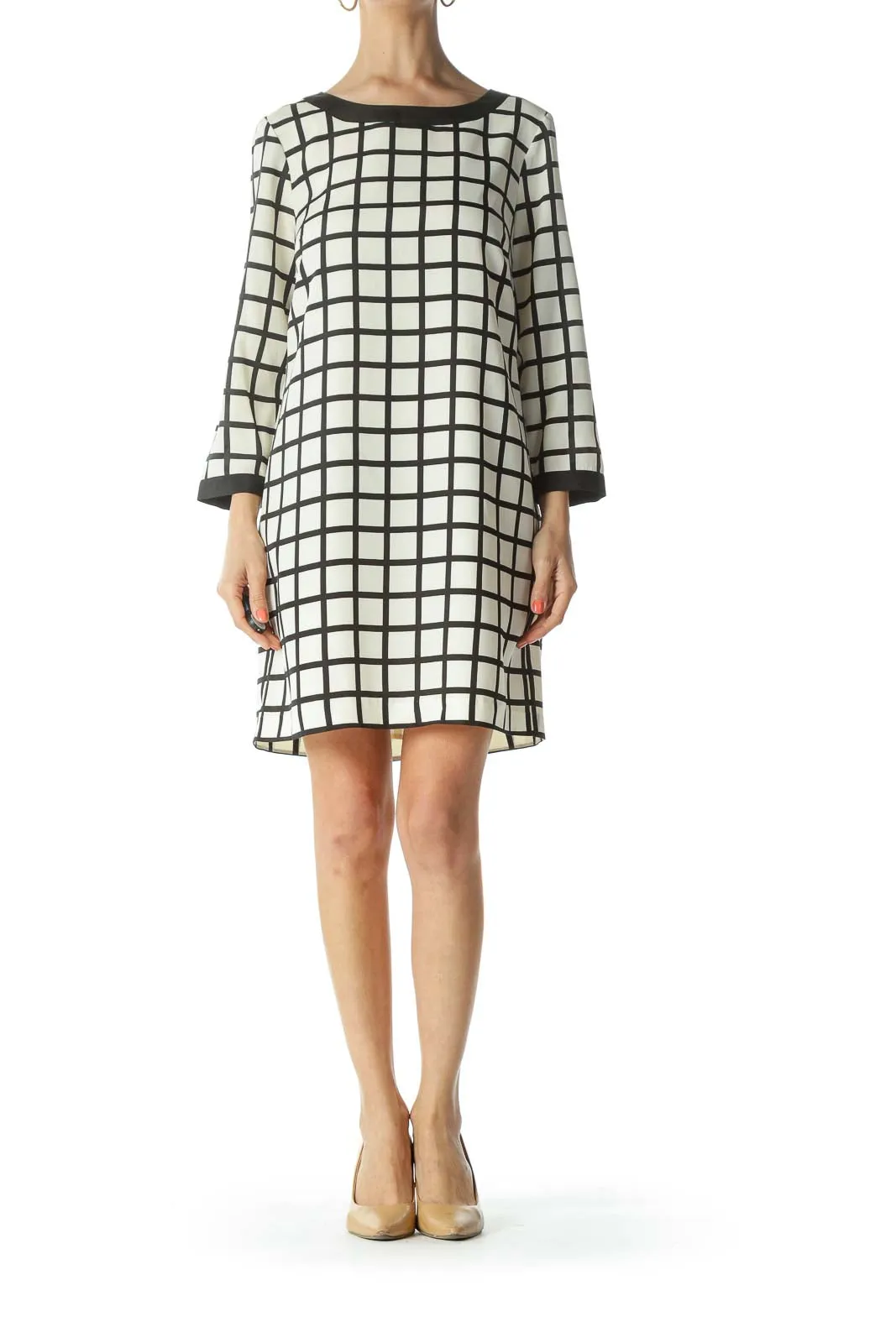 Cream/Black Bold-Windowpane-Print Shift Dress