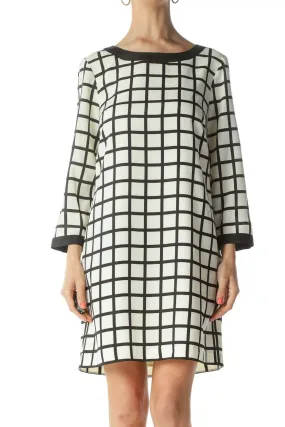 Cream/Black Bold-Windowpane-Print Shift Dress