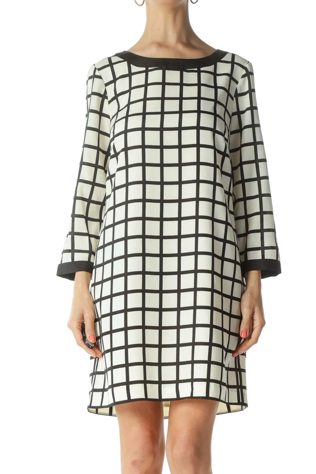 Cream/Black Bold-Windowpane-Print Shift Dress