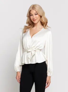 Eco White Juley Long Sleeve Front Tie Top