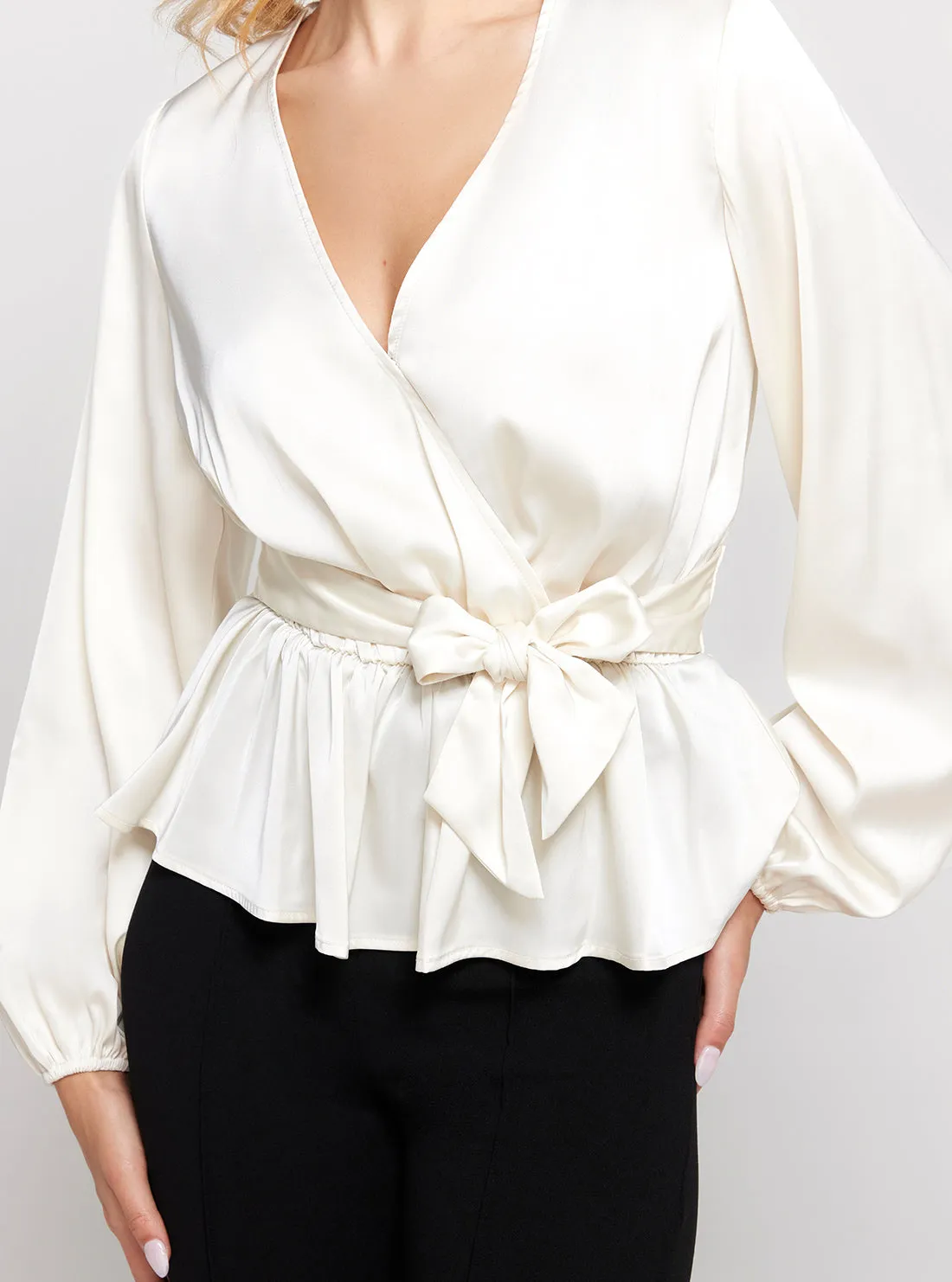 Eco White Juley Long Sleeve Front Tie Top