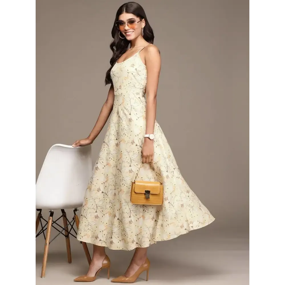 Elegant Mustard Chinon Fit And Flare Dress