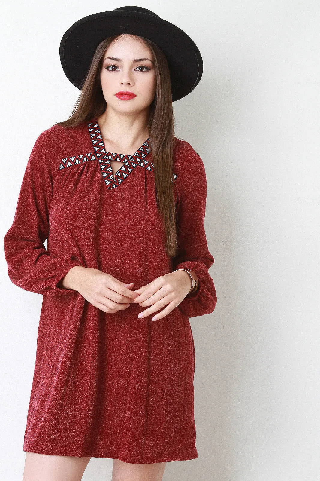 Embroidered Accent Melange Knit Shift Dress