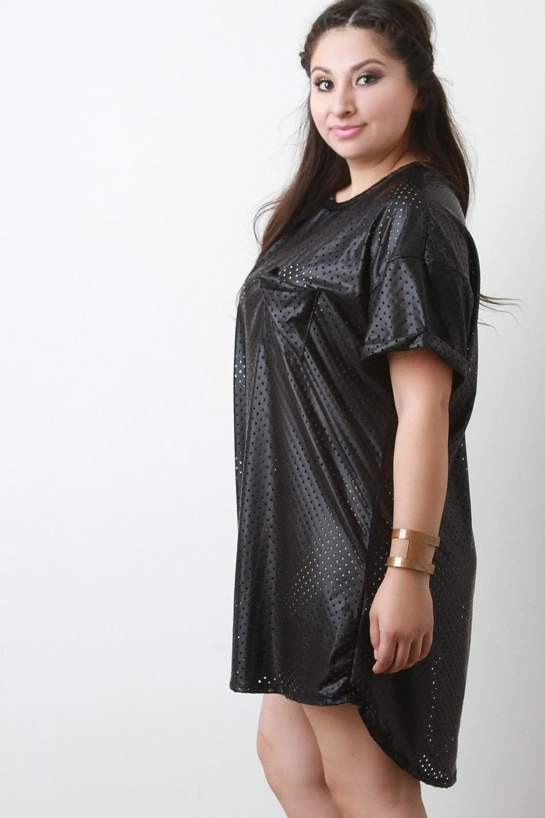 Eyelet Vegan Leather Shift Dress