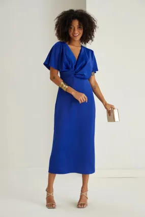 Farra Cobalt Blue Twist Detail Satin Midi Dress