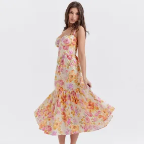 FeMinine Floral Print Sweetheart Suspender Strap Fit and Flare Midi SunDress