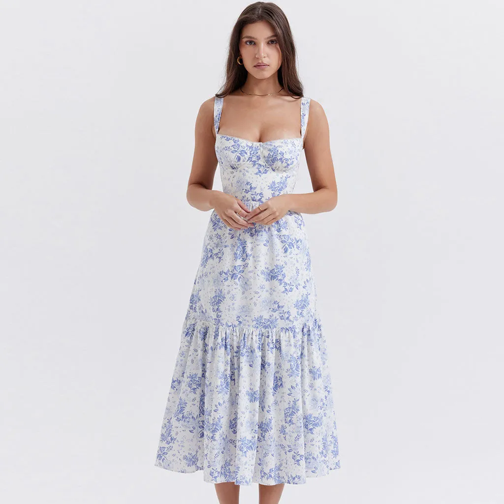 FeMinine Floral Print Sweetheart Suspender Strap Fit and Flare Midi SunDress