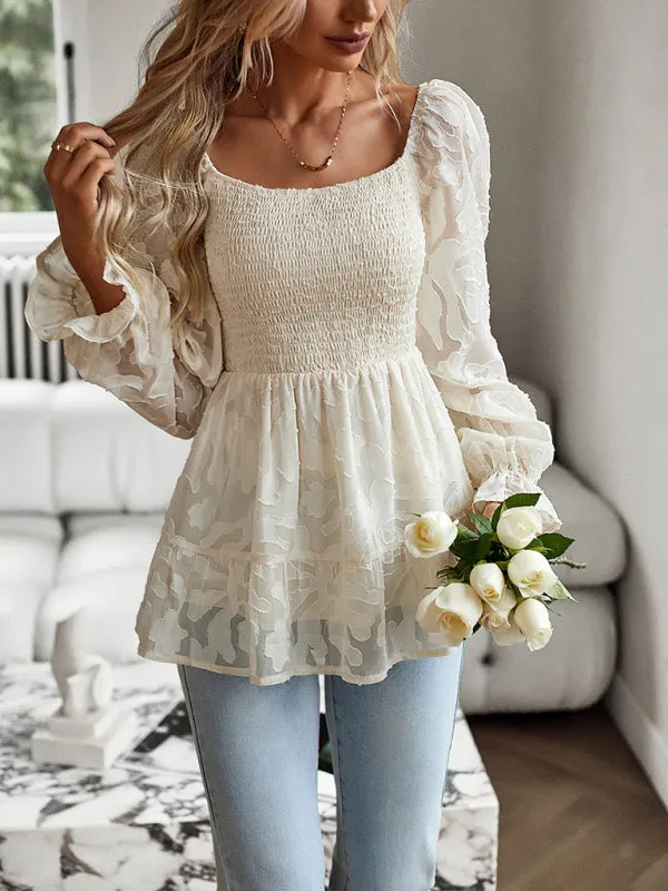 Floral Jacquard Square Neck Peplum Blouse | Bishop Long Sleeves Top