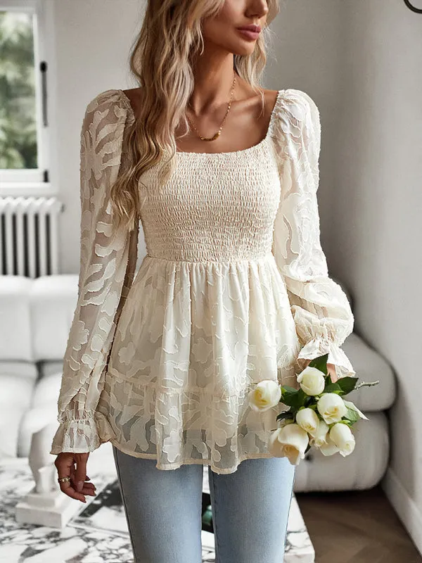 Floral Jacquard Square Neck Peplum Blouse | Bishop Long Sleeves Top