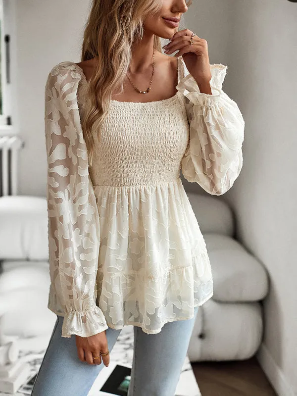 Floral Jacquard Square Neck Peplum Blouse | Bishop Long Sleeves Top