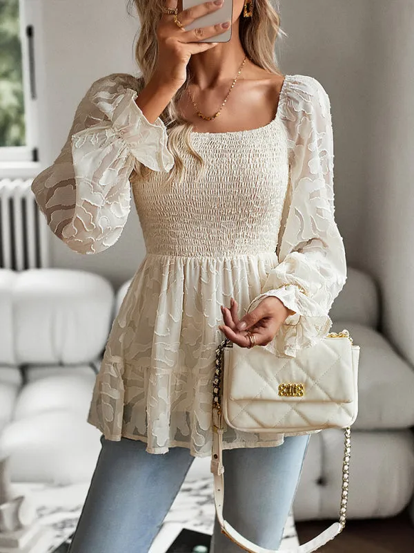 Floral Jacquard Square Neck Peplum Blouse | Bishop Long Sleeves Top